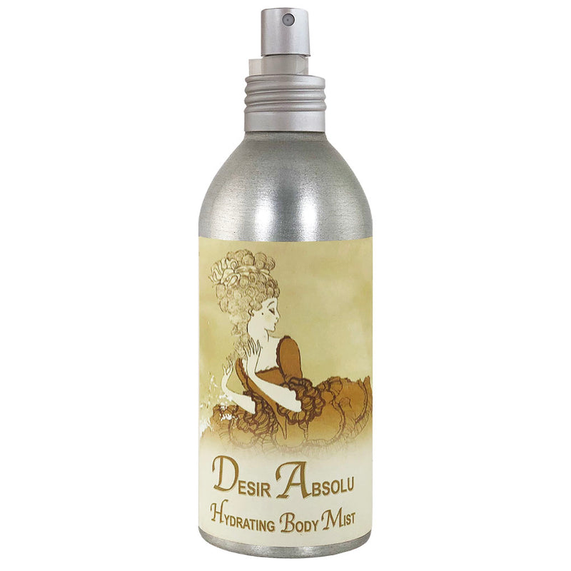 Silver and beige spray bottle of La Bouquetiere Desir Absolu Body Mist with a vintage-style illustration of a woman on the label.