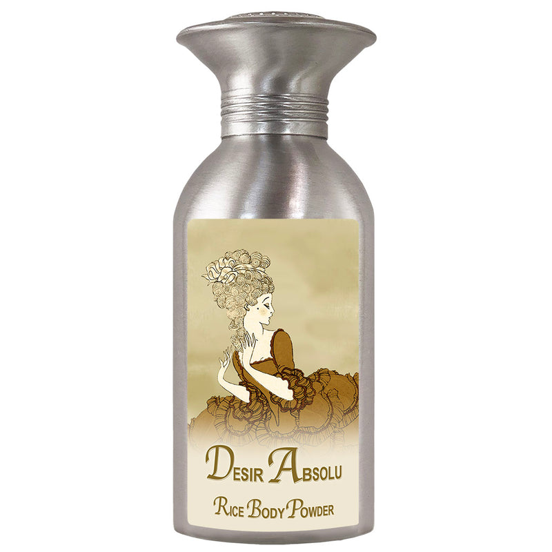 A vintage-style La Bouquetiere aluminum canister labeled "La Bouquetiere Desir Absolu Rice Body Powder" featuring an illustration of a woman with an elaborate hairstyle applying powder, set against a creamy beige background.