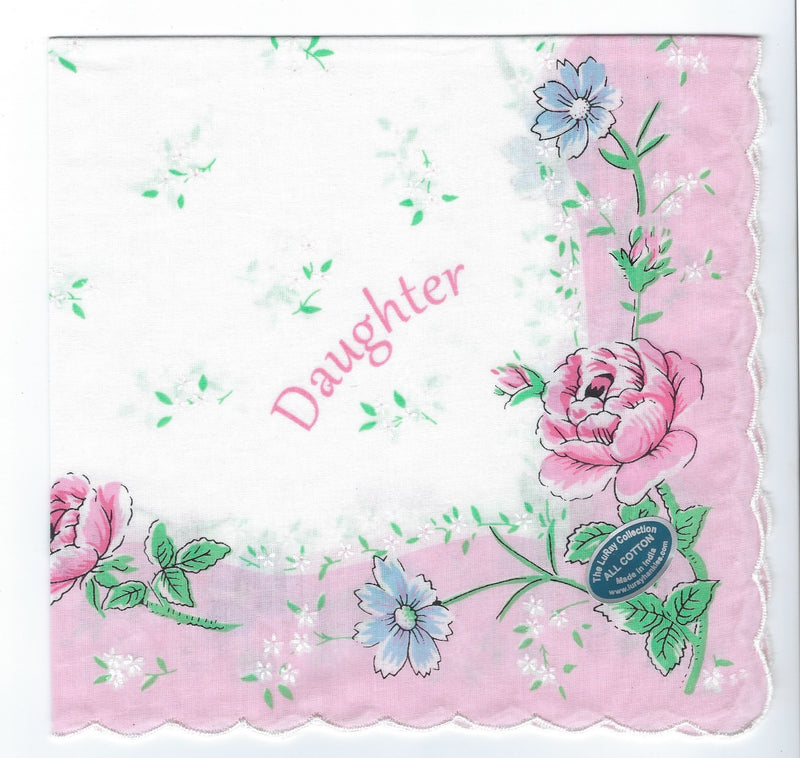 A Vintage Inspired Hanky - Daughter Hanky by Hankies ala Carte, with a pink and blue flowers pattern, featuring the word "daughter" in red script in the center, and a tag saying "made in Switzerland" on a flower at the
