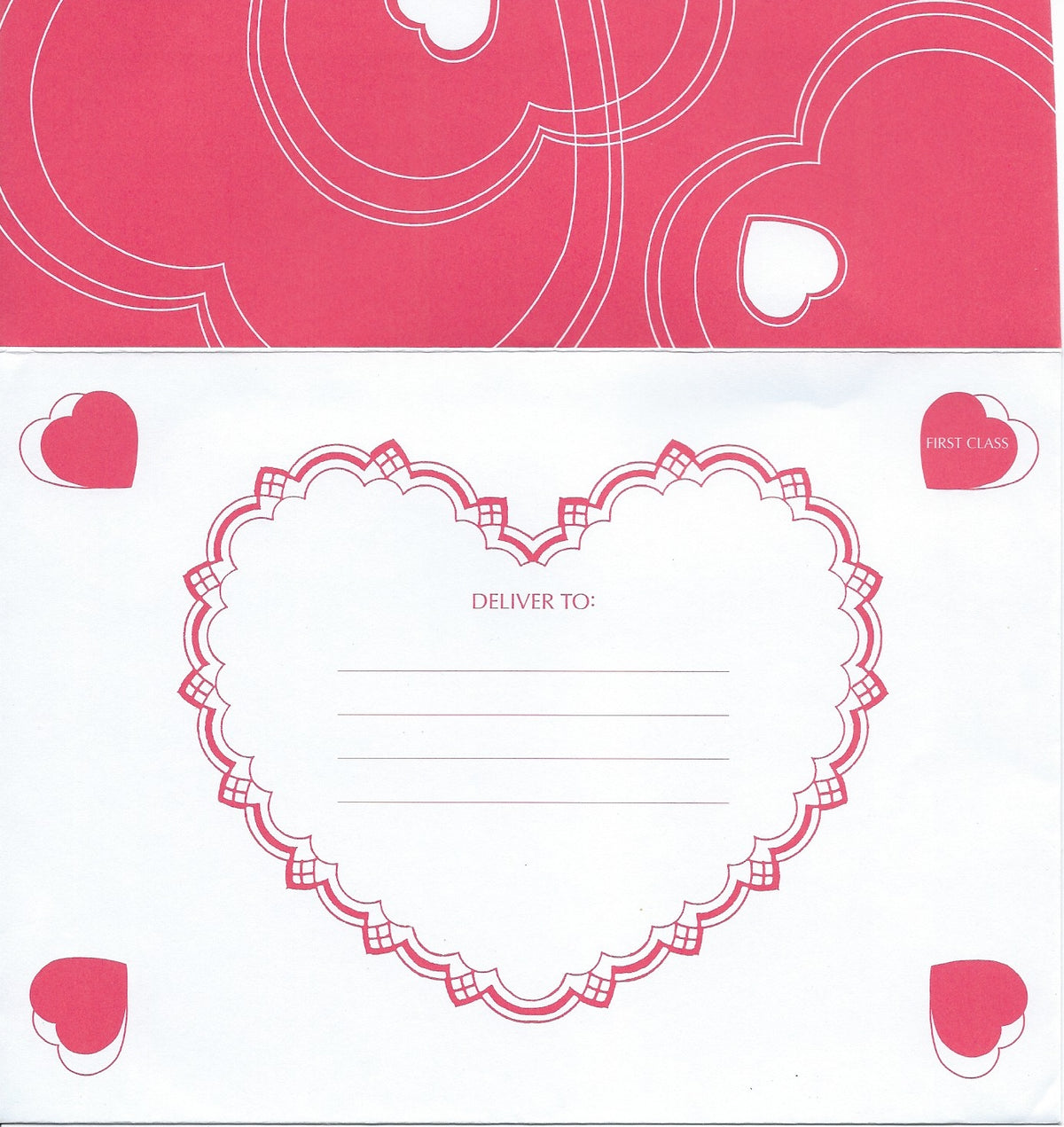 A Valentine's Day themed decorative envelope featuring a large white heart with "deliver to:" text and lines for addressing, surrounded by smaller hearts on a red background with swirls and curls is the Valentine's Day Greeting Card - To My Valentine from Greeting Cards brand.