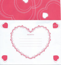 An envelope with decorative red and pink hearts and swirls design, featuring a large heart in the center labeled "deliver to:" with blank lines for addressing, perfect as a Valentine Greeting Card - My Heart's Devotion from Greeting Cards.