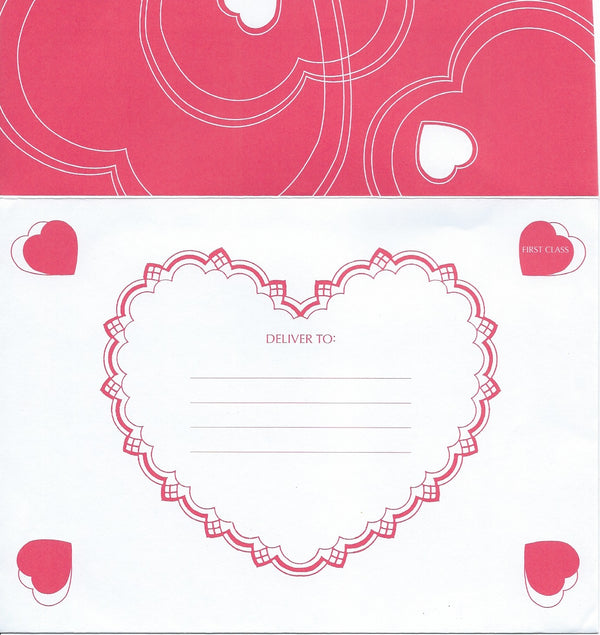A red and white themed Greeting Cards Valentine Greeting Card -To My Valentine with envelope design featuring multiple hearts of various sizes, with a large central heart labeled "deliver to:" for addressing, set against an abstract patterned background.
