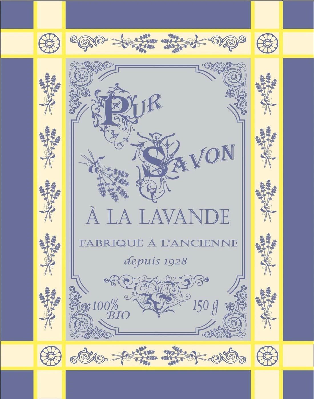 Vintage-style lavender soap packaging with elegant Provençal pattern and French text, framed by a yellow and blue border - Pur Savon a la Lavande Tea Towel by Made in Provence.