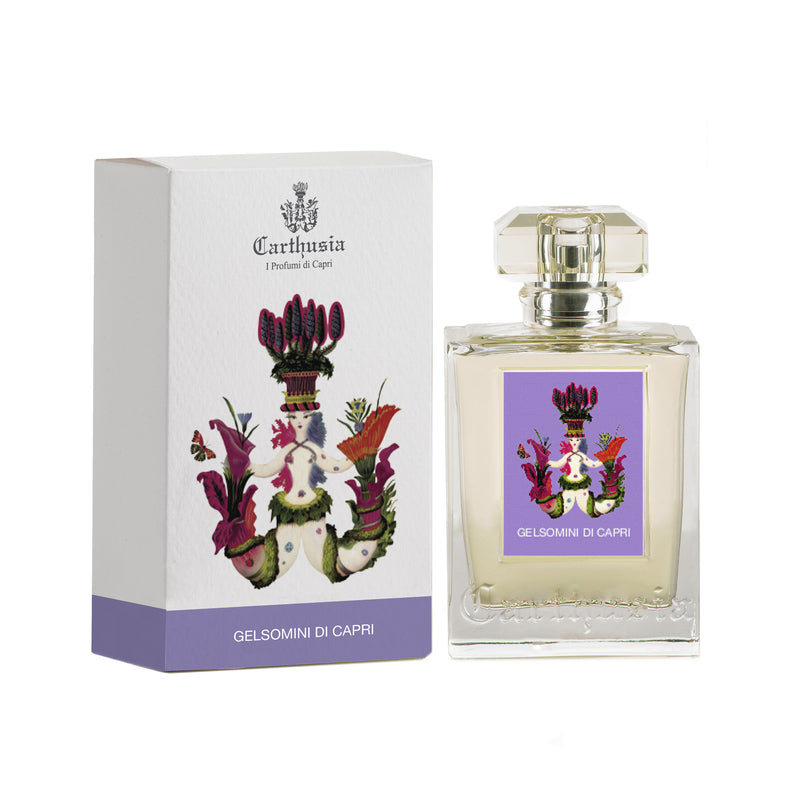 A bottle and box of Carthusia Gelsomini di Capri Eau de Parfum, labeled "Gelsomini di Capri". The packaging features ornate floral artwork in purple and green tones, representing its jasmine perfume essence.