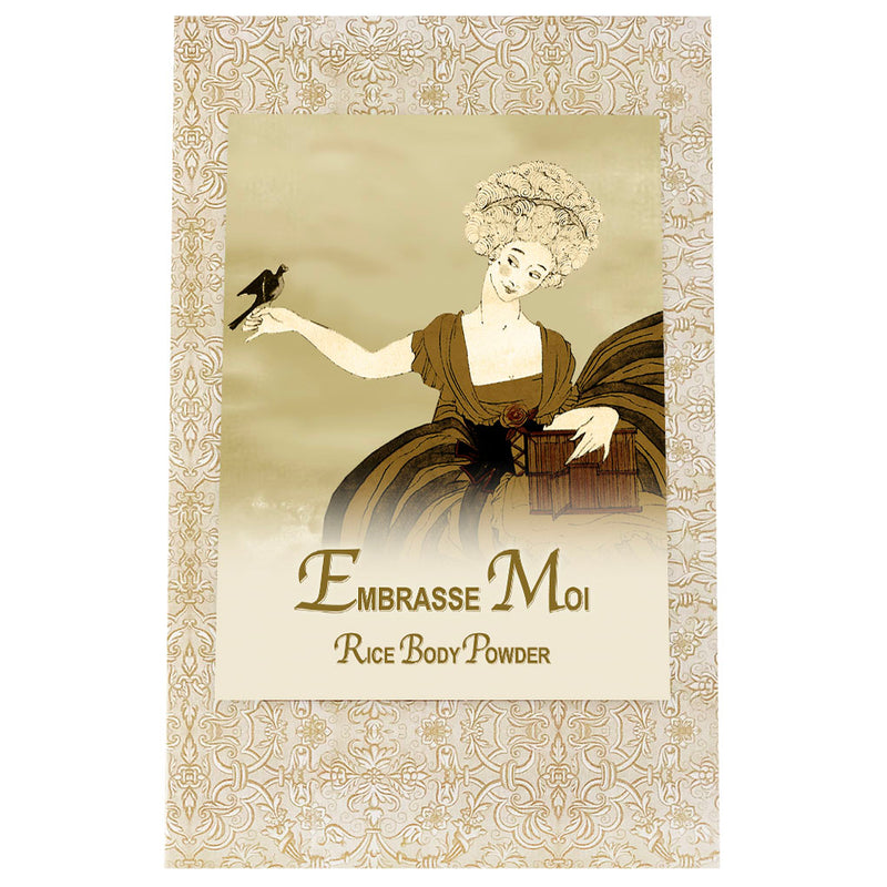 Vintage advertising poster featuring an illustrated woman in 18th-century dress holding a bird, with the words "La Bouquetiere Embrasse Moi Rice Powder Refill Bag 8oz" on an ornate background.