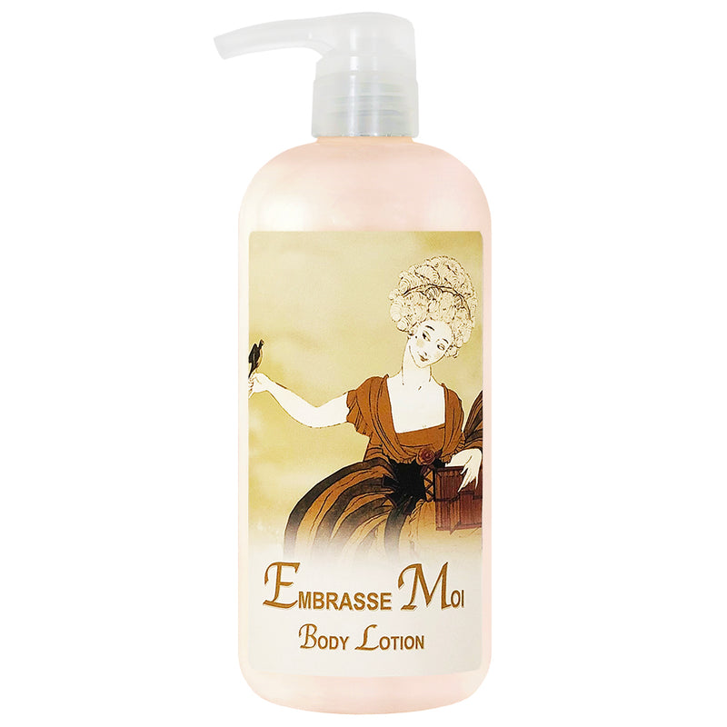 A bottle of La Bouquetiere Embrasse Moi body lotion with a pump dispenser, featuring an illustration of an elegant woman in historical dress on the label.