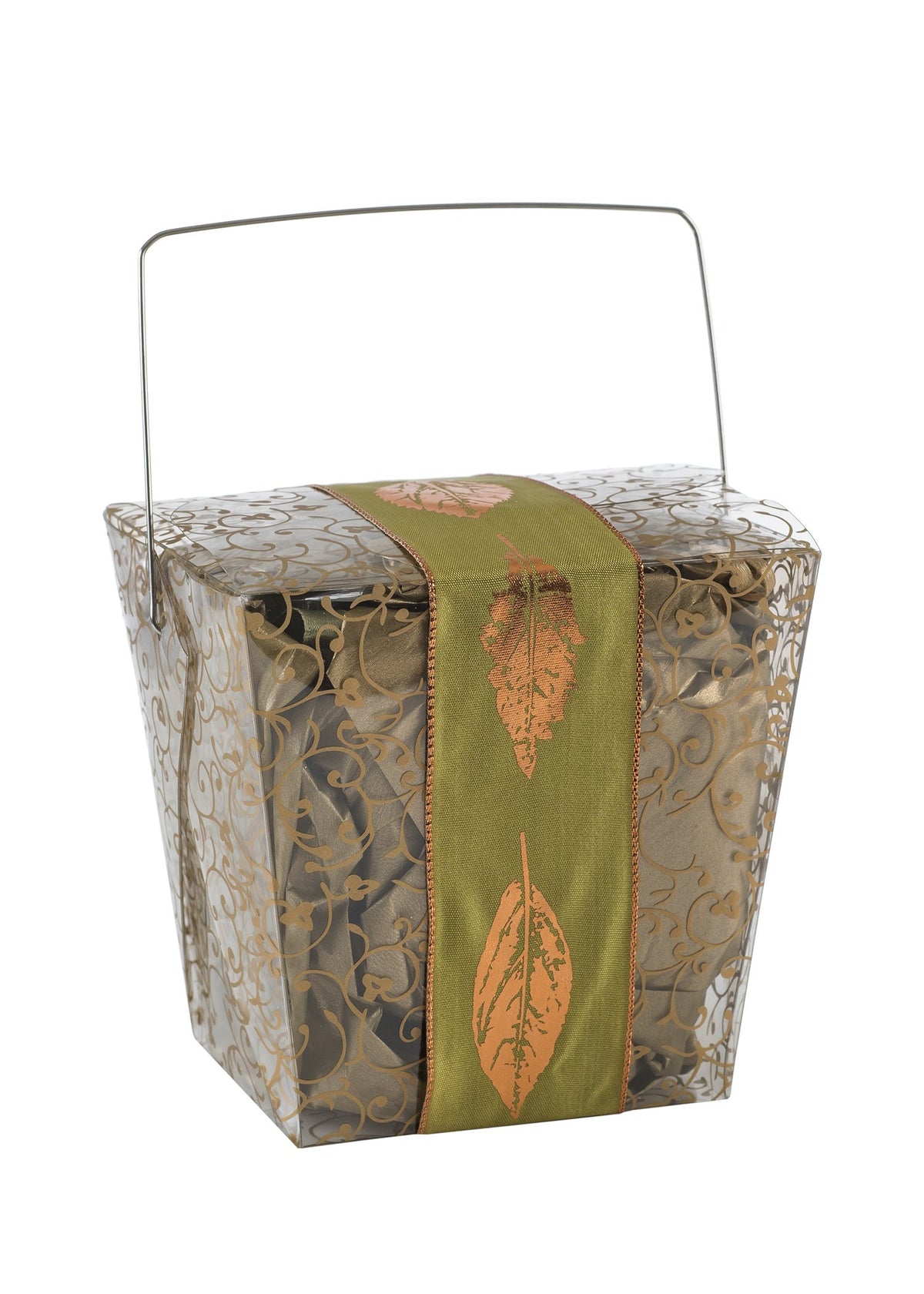 A Sonoma Lavender decorative gift box with metallic patterns and a handle, draped with an elegant orange ribbon featuring a eucalyptus design, isolated on a white background.