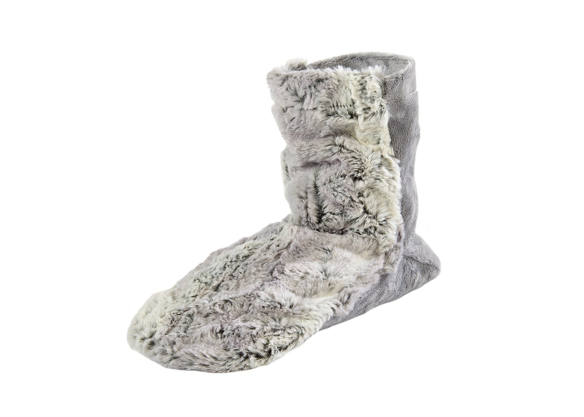 A Sonoma Lavender Sonoma Eucalyptus Silver Fox Spa Bootie isolated on a white background, designed to resemble a furry animal with soft texture and a cozy appearance.