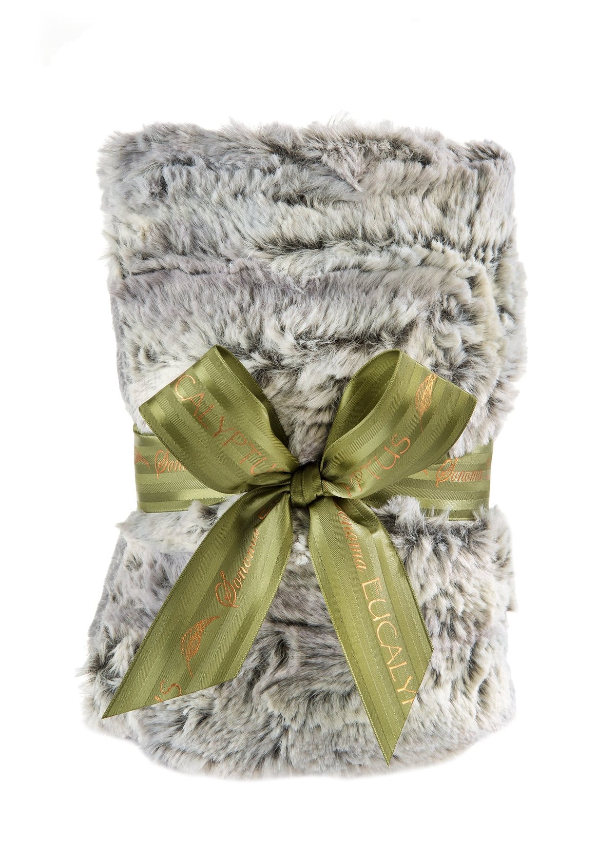 Soft, fuzzy gray SONOMA EUCALYPTUS SILVER FOX HEAT WRAP tied with a shiny olive green ribbon printed with gold text, presented against a white background.