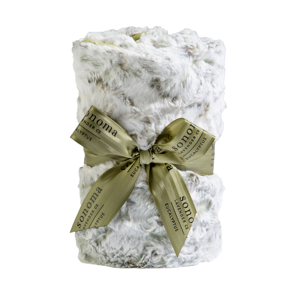 A soft, fluffy white blanket neatly rolled up and tied with two olive green ribbons, each printed with the word "Sonoma Lavender" in elegant script. The blanket has a plush, textured appearance and.