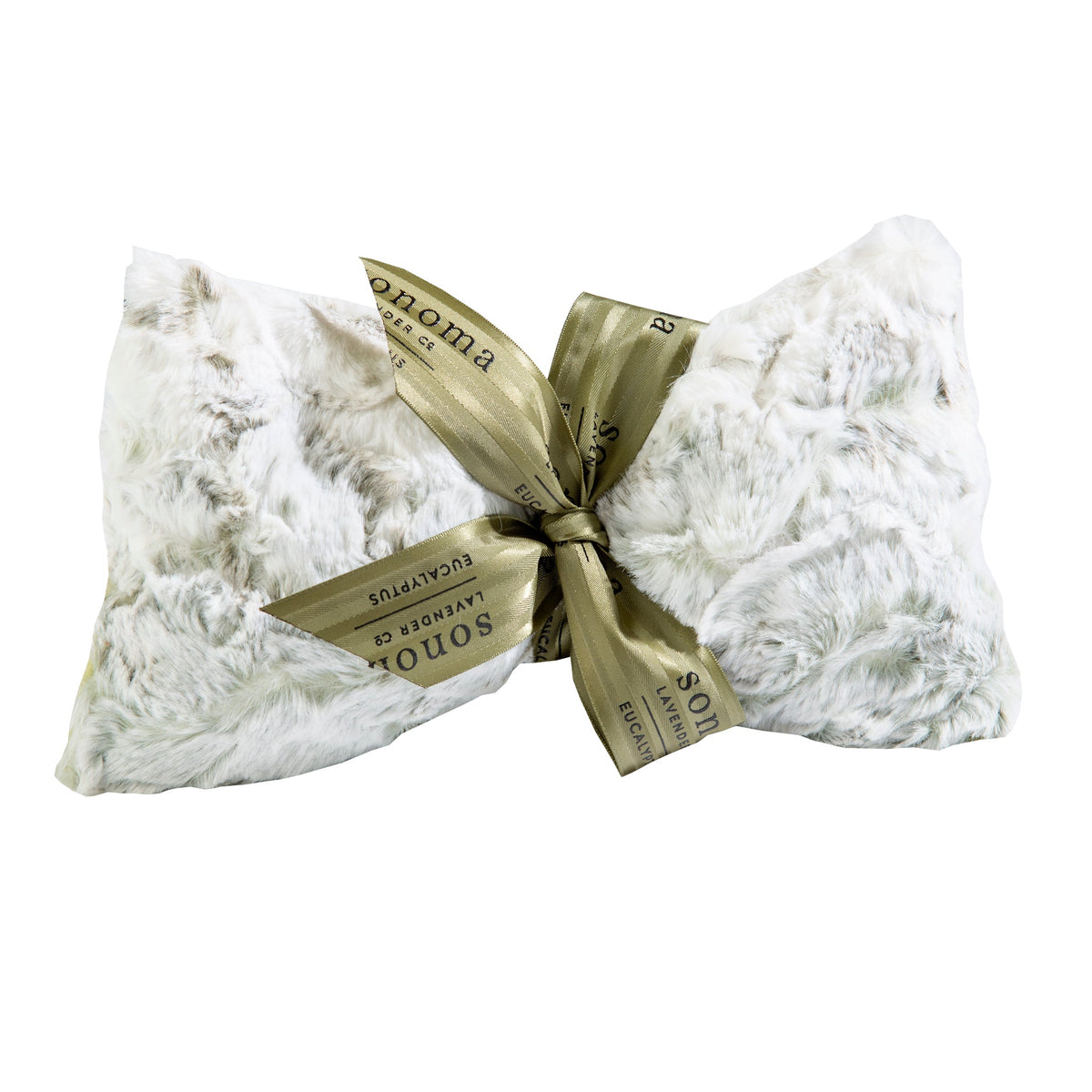 A plush, white faux fur Sonoma Eucalyptus Snowy Sage Spa (Sinus) mask shaped like a bow, tied with an elegant golden ribbon with text, isolated on a white background from Sonoma Lavender.