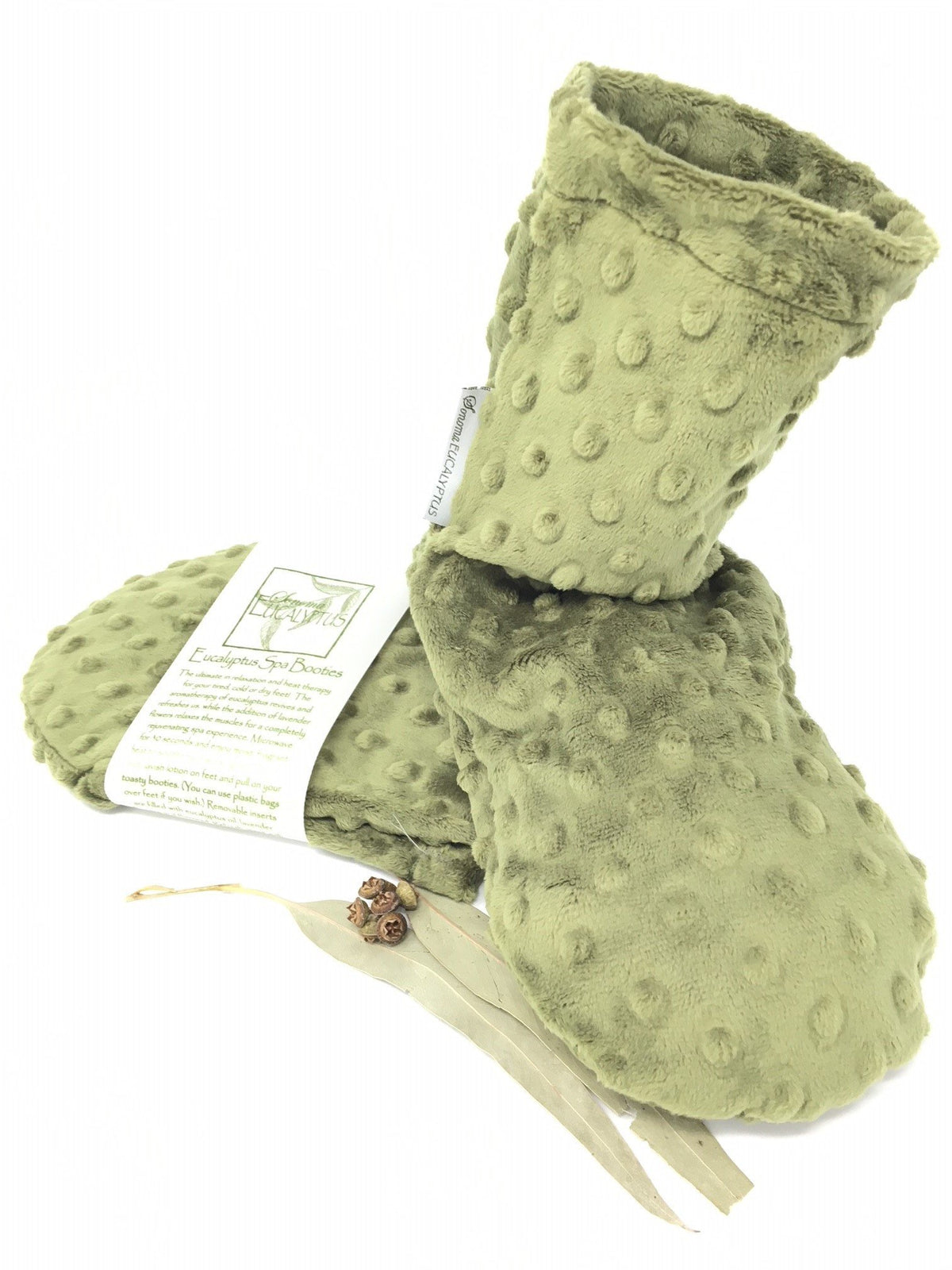 A pair of Sonoma Lavender Sonoma Eucalyptus Spa Green Dot Booties with a dotted texture, displayed with a product tag, isolated on a white background.