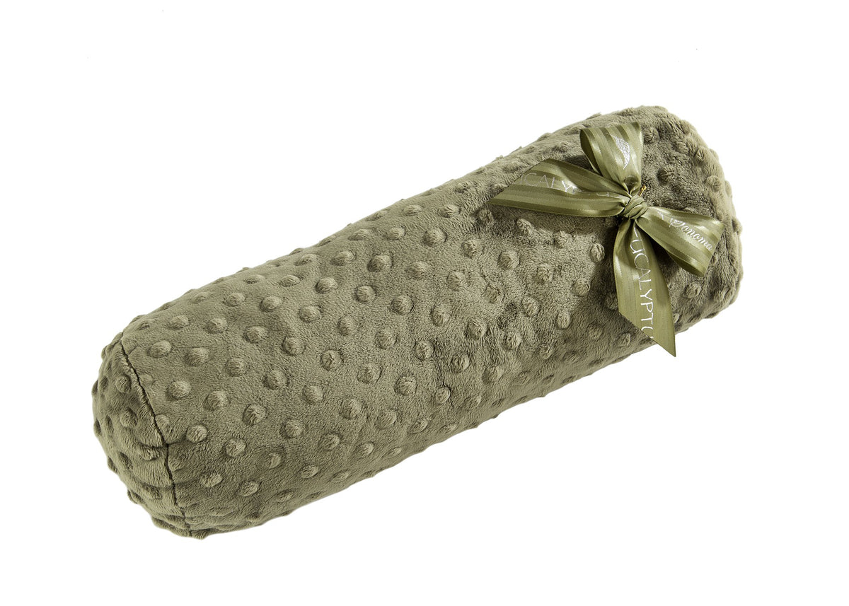 A Sonoma Lavender Eucalyptus Spa Green Dot Heated Neck Roll, neatly rolled up and tied with a matching silky ribbon, presented against a white background with eucalyptus lavender accents.