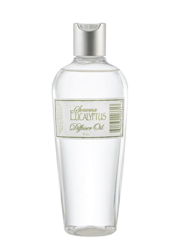 Clear glass bottle of "Sonoma Lavender Sonoma Eucalyptus Scent Diffuser" with green and white label, isolated on a white background.