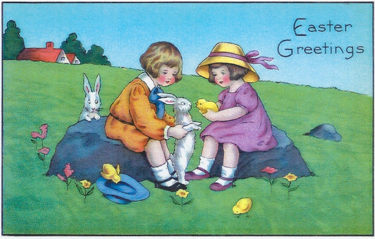 Vintage Easter Greeting Card depicting two children in a pastoral setting, holding a bunny and a chick, with additional chicks and a rabbit nearby. The message "easter greetings" is at the top. (Brand Name: Greeting Cards)