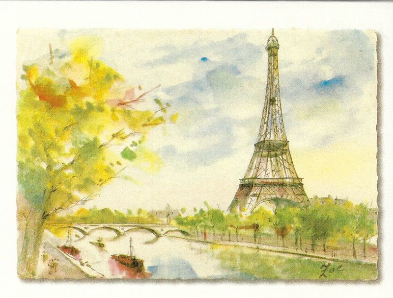 Greeting Cards illustration of the Eiffel Tower viewed from the Seine River, featuring a colorful tree in the foreground, a bridge, and a boat, all rendered in a soft watercolor style.