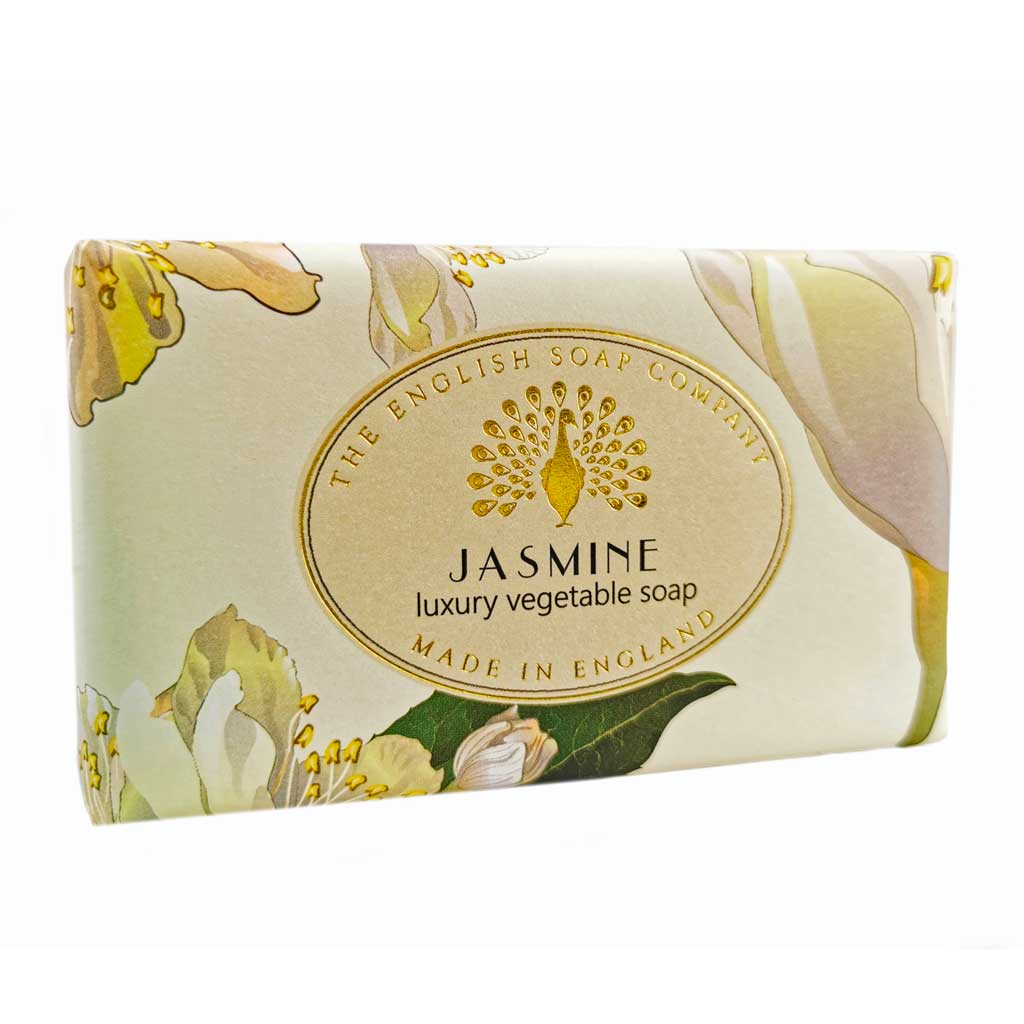 A package of The English Soap Co. Jasmine Vintage Italian Wrapped Soap, featuring elegant floral illustrations and gold accents on a cream background.