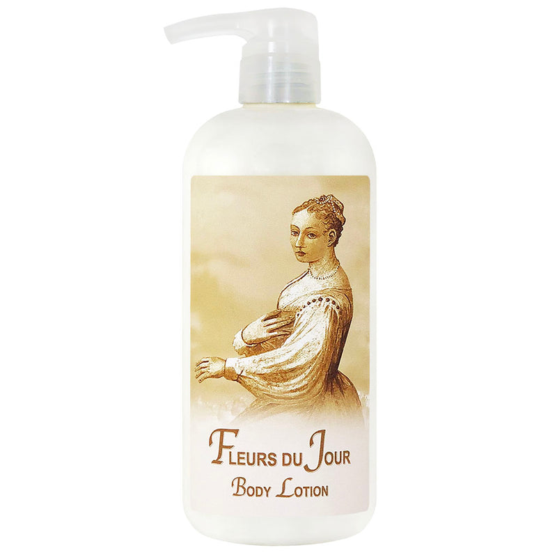 A bottle of La Bouquetiere Fleurs du Jour Body Lotion with a pump dispenser, featuring a classic artwork of a woman in period clothing on the label.
