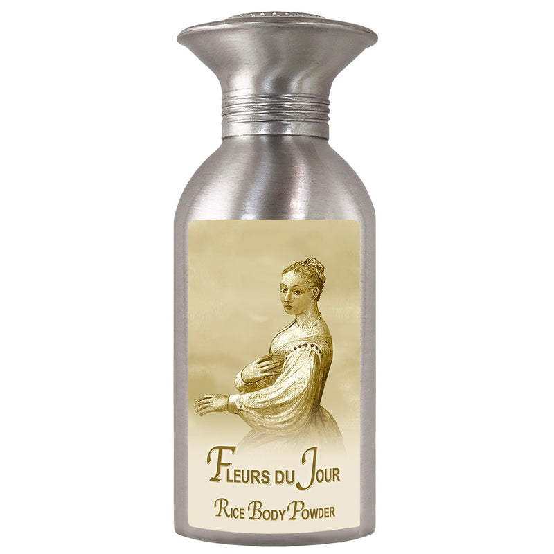 Antique-style La Bouquetiere Fleurs du Jour Rice Powder body powder bottle, featuring a metallic finish with a vintage label showcasing a portrait of an elegant woman from a past era, labeled "fleurs du jour.