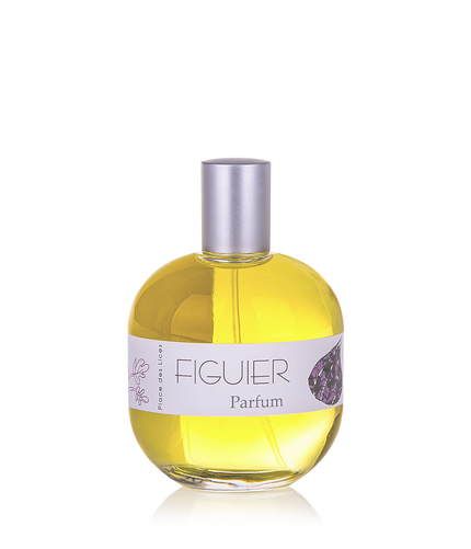 A bottle of Place des Lices Figuer eau de Parfum with a clear design and yellow-tinted fragrance, labeled prominently as a product of Grasse, isolated on a transparent background.