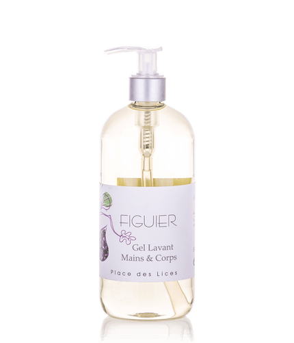 Transparent hand and body wash bottle with a pump, labeled "Place des Lices Figuer Washing Gel" with an elegant fig branch illustration, paraben-free.