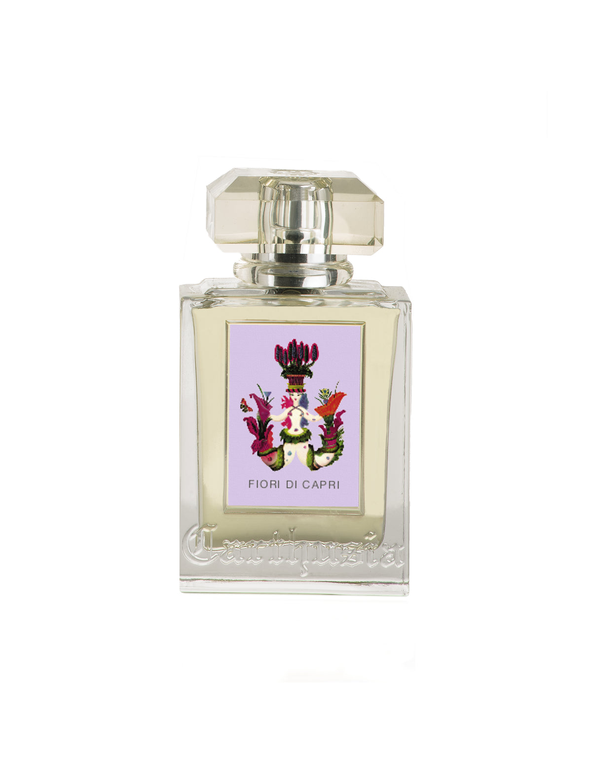 A clear glass perfume bottle with a silver cap and a label that reads "Carthusia Fiori di Capri" featuring colorful floral graphics of wild carnations. The background is plain white.