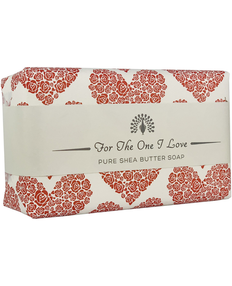A rectangular package of moisturising shea butter soap from The English Soap Co. labeled "The English Soap Co. For The One I Love Red Heart Special Occasion Soap," decorated with a red and white floral pattern.