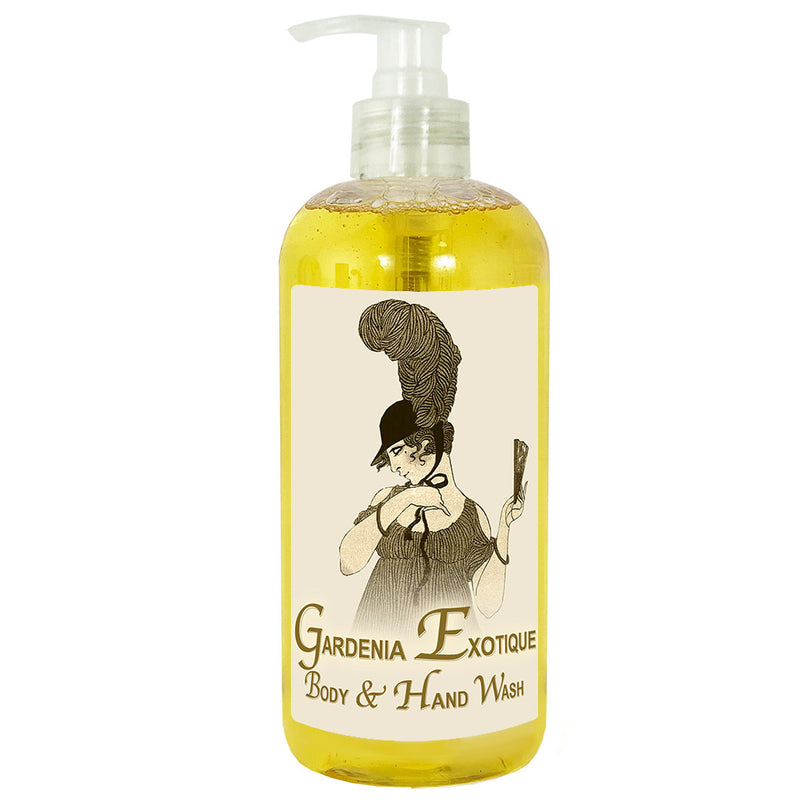 A clear pump dispenser bottle of La Bouquetiere Gardenia Exotique Hand & Body Wash with a vintage illustration of a woman holding a fan, set against a yellow liquid background. This gentle cleanser