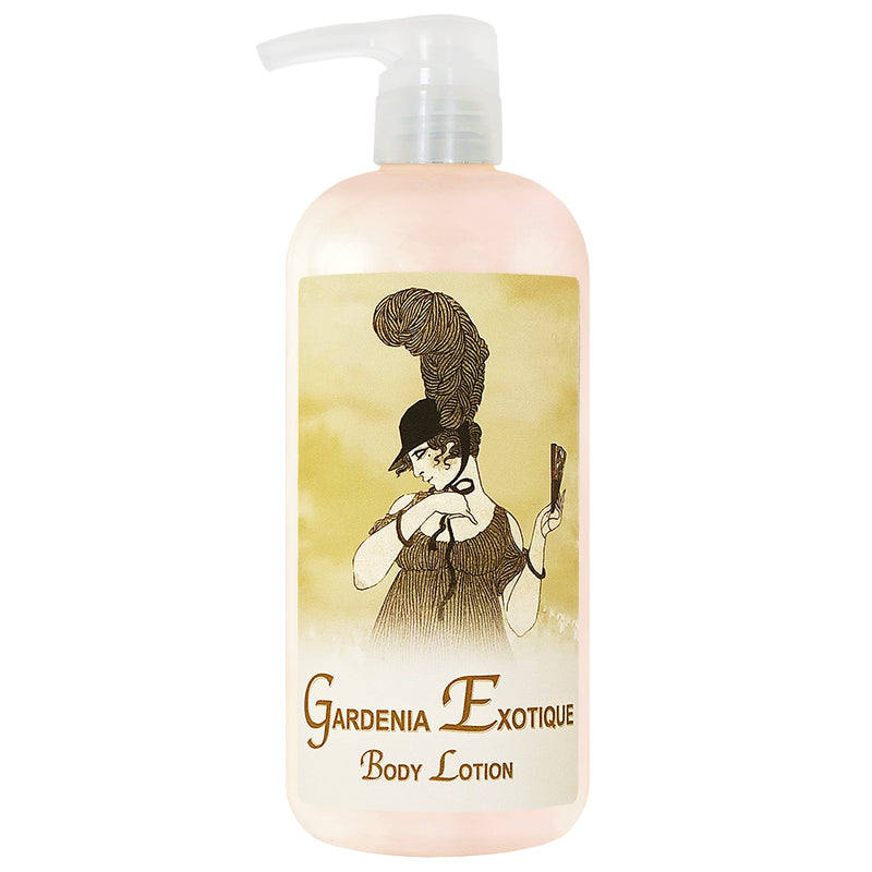 A bottle of "La Bouquetiere Gardenia Exotique Body Lotion" with a pump dispenser, featuring an illustrated woman with an updo hairstyle on the creamy-colored label. Enriched with skin-smoothing properties.