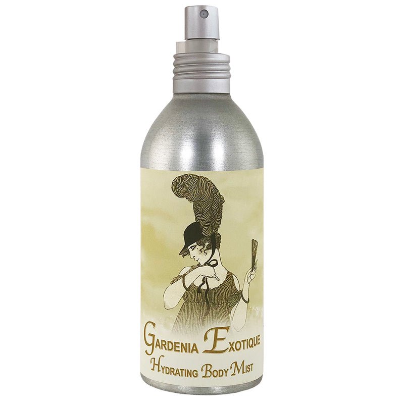 A metallic spray bottle of La Bouquetiere Gardenia Exotique Hydrating Body Mist featuring a vintage-style illustration of a woman with an elaborate updo hairstyle.