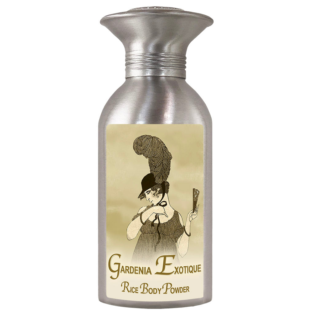 Vintage styled La Bouquetiere Gardenia Exotique Body Powder bottle featuring a label illustration of a Victorian woman with an elaborate hairstyle, holding a fan. The text reads "Gardenia Exotique.