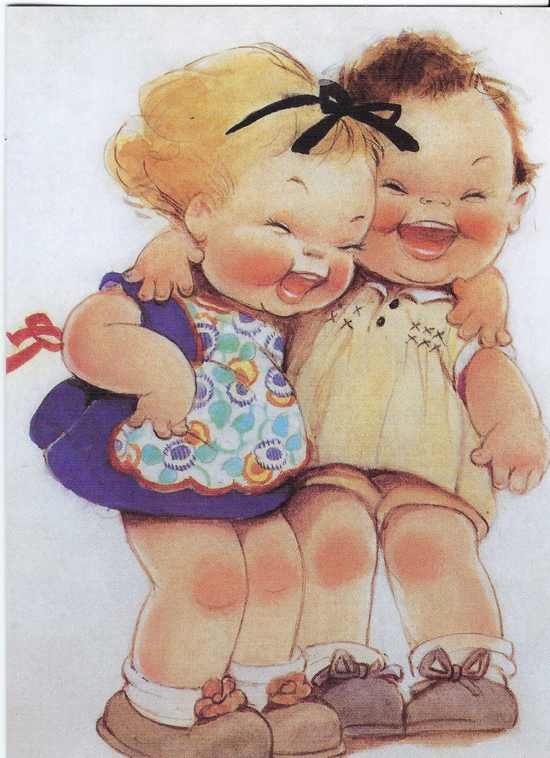 Two cheerful cartoon toddlers embracing and laughing in gales of joy, one with a blue floral dress and black hair ribbon, the other in a beige outfit. Both have rosy cheeks and are barefoot, depicted on a Birthday Greeting Card from Greeting Cards.