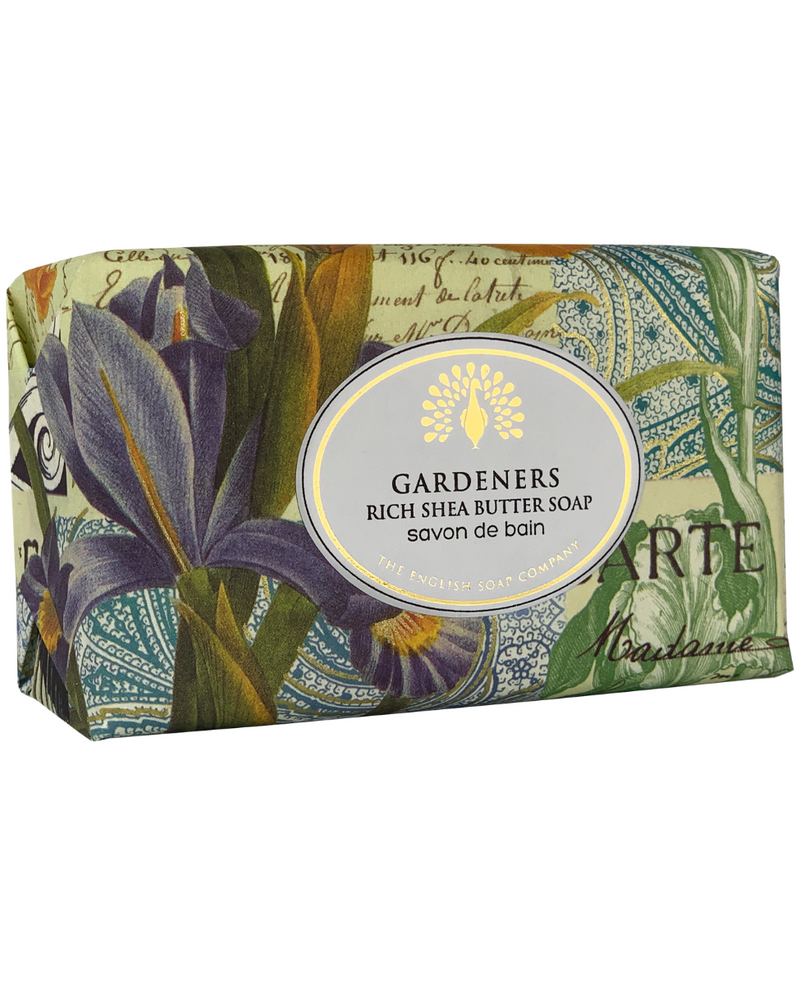 A rectangular box of The English Soap Co. Gardeners Vintage Italian Wrapped Soap by The English Soap Company, featuring a colorful design of purple flowers and green leaves, and is vegan friendly.