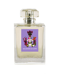 A clear square perfume bottle with a geometric cap and a label featuring an artistic and colorful design with the text "Carthusia Gelsomini di Capri", embodying a Mediterranean fragrance.