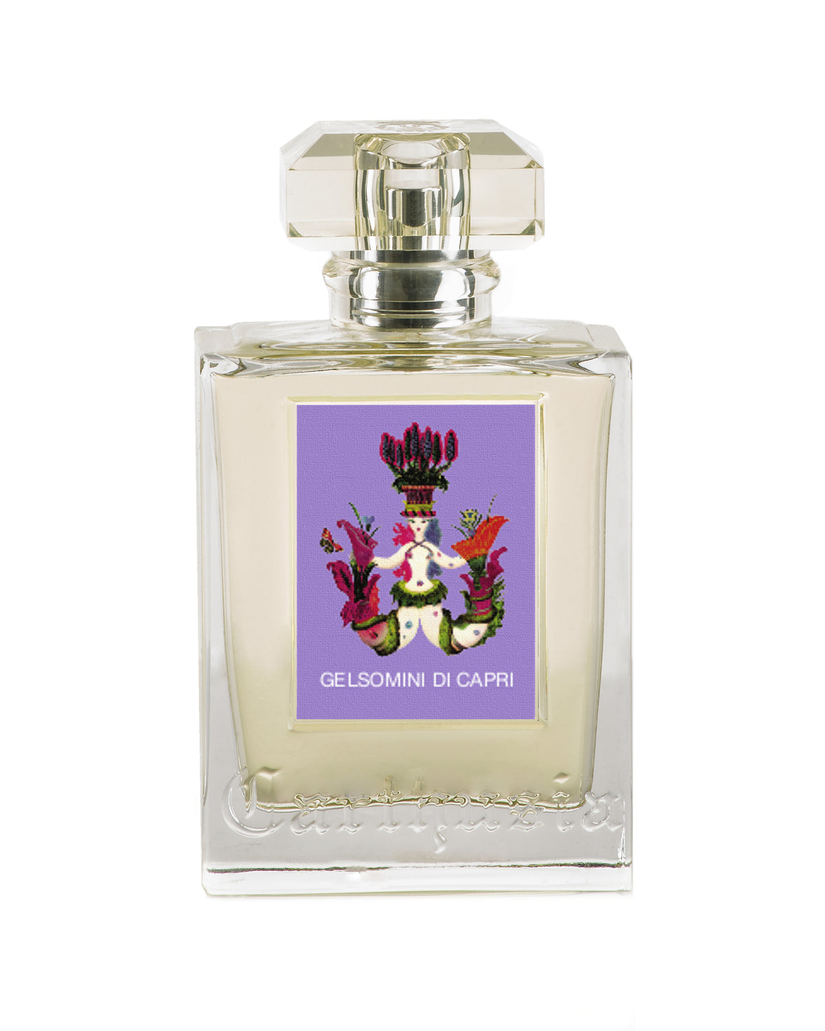 A clear glass perfume bottle with a square design and a faceted cap. The label features a vibrant, abstract floral illustration and the text "Carthusia Gelsomini di Capri", highlighting notes of jasmine.
