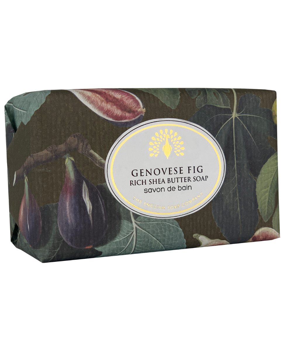 A rectangular box of The English Soap Co. Genovese Fig Vintage Italian Wrapped Soap, featuring an elegant design with images of figs and leaves on a dark background. This vegan-friendly soap is perfect for those seeking ethical options.