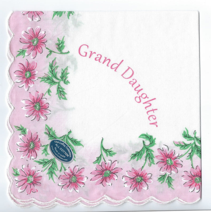 A Vintage Inspired Hanky - Grand Daughter with pink and green floral patterns and the words "grand daughter" embroidered in a script font, featuring a "Hankies ala Carte" tag.
