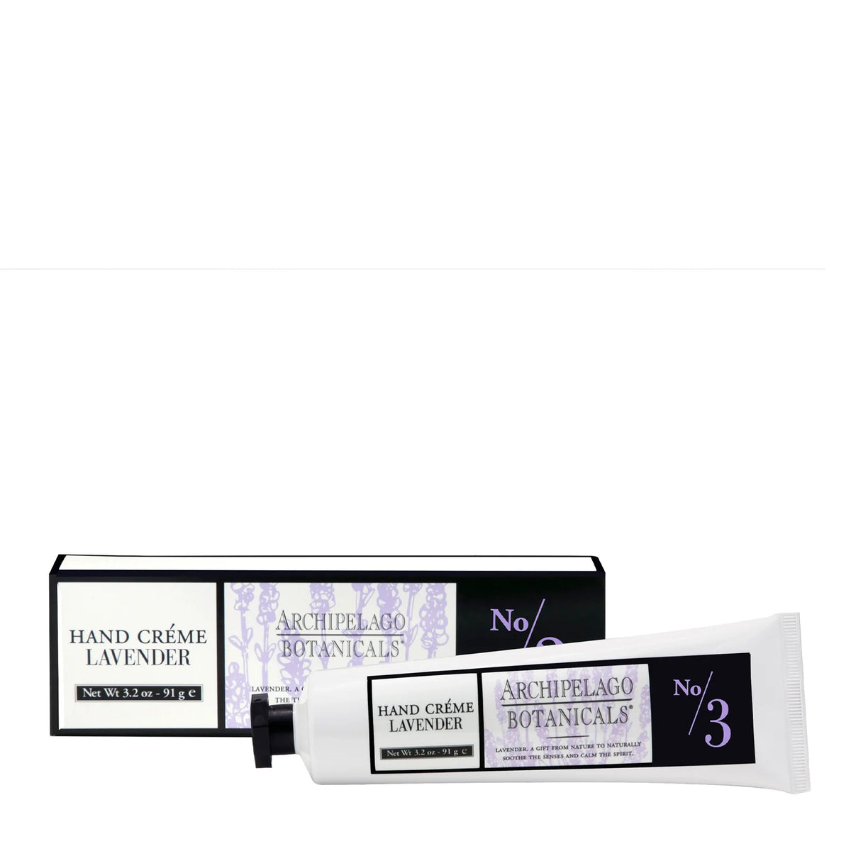 A tube of Archipelago Botanicals Lavender Hand Crème, labeled "no. 3," paraben-free, with its box partially visible behind it, against a white background.