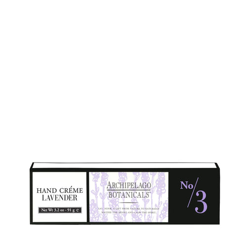 A rectangular box of Archipelago Botanicals Lavender Hand Crème, labeled "lavender," with elegant purple floral design and marked with "no 3." The box displays the net weight as.