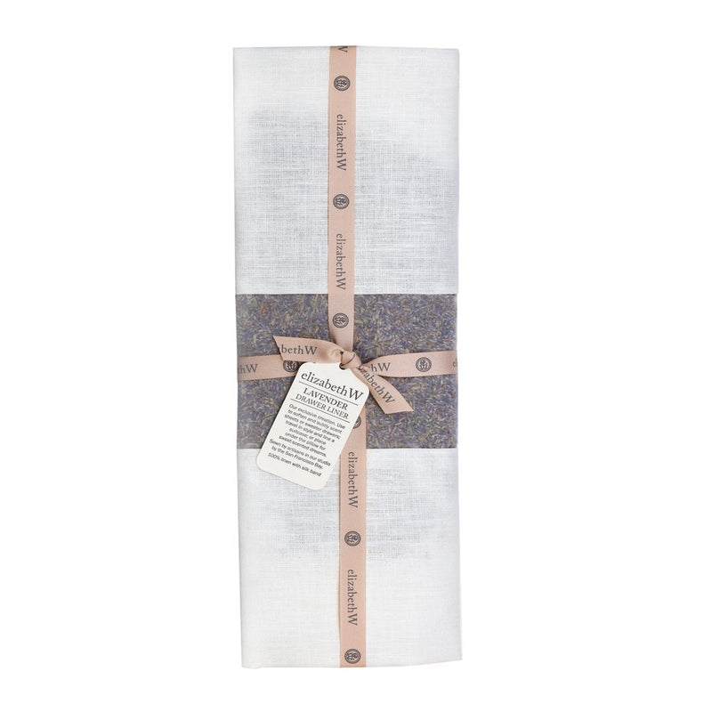 White elizabeth W Lavender Linen Drawer Liner - Ivory neatly packaged with branding strips and a descriptive tag, featuring a French lavender design visible through a window on the packaging.