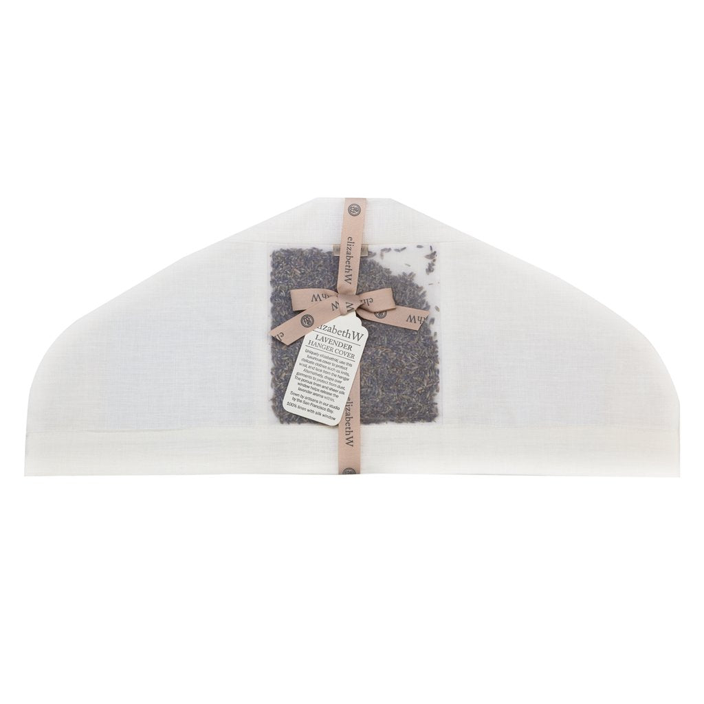 A semi-circular elizabeth W Lavender Hanger Cover - Ivory filled with lavender and branded labels attached by a beige ribbon, isolated on a white background.