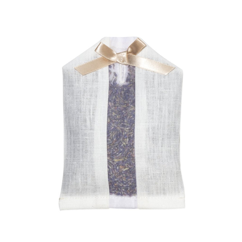 A elizabeth W Lavender Hanger Sachet - Ivory, styled as a sleeveless blouse with a beige ribbon at the neckline, displayed against a white background.