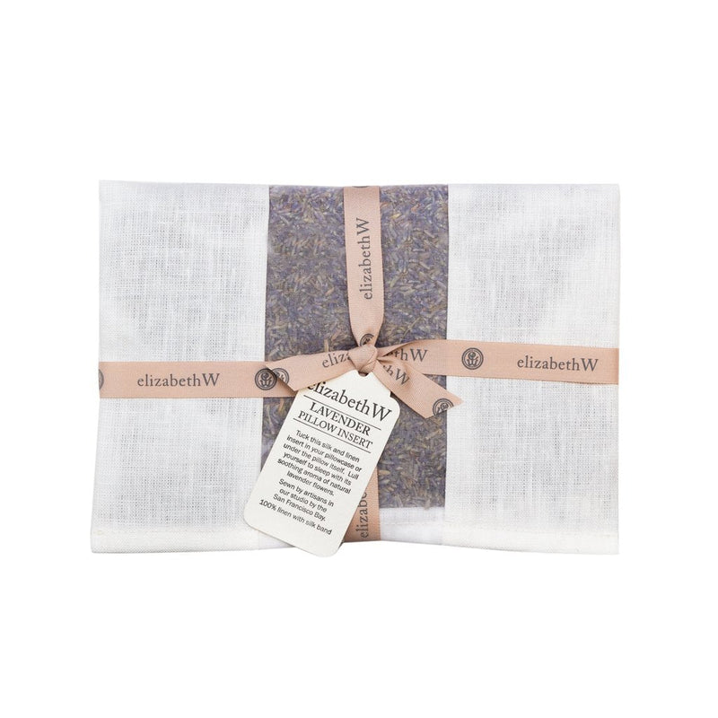 A neatly packaged elizabeth W Lavender Pillow Insert - Ivory with a decorative ribbon and attached product label, displayed on a white background.