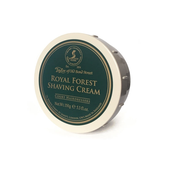 A tub of Taylor of Old Bond Street Royal Forest Shaving Cream Bowl 150g displayed against a white background, showing the detailed green label with gold and white text.