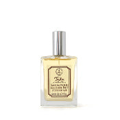 A translucent glass perfume bottle with a metallic silver cap and a yellow-toned fragrance liquid. The bottle has a classic rectangular design with a label featuring elegant black text, marketed as Taylor of Old Bond Street Sandalwood Luxury Aftershave Lotion (alcohol-free) - 30ml, a gentleman's luxury aftershave lotion.