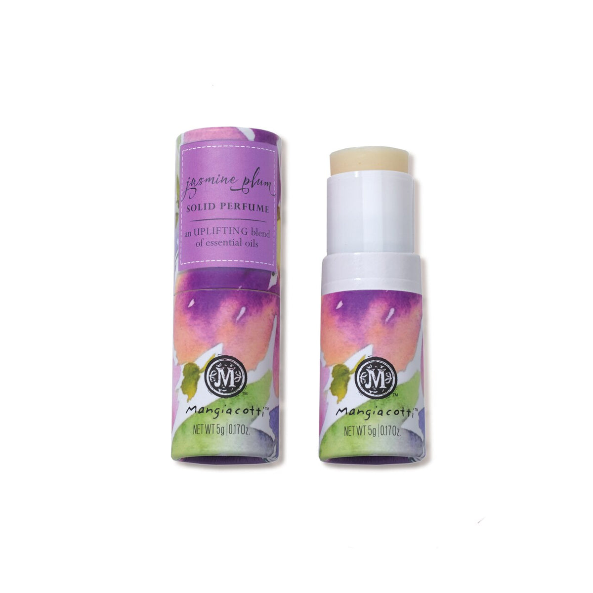 Two cylindrical containers of Mangiacotti Jasmine Plum Solid Perfume solid perfume stick with colorful purple and pink labels, one closed and one with the cap off revealing the non-greasy formula product.