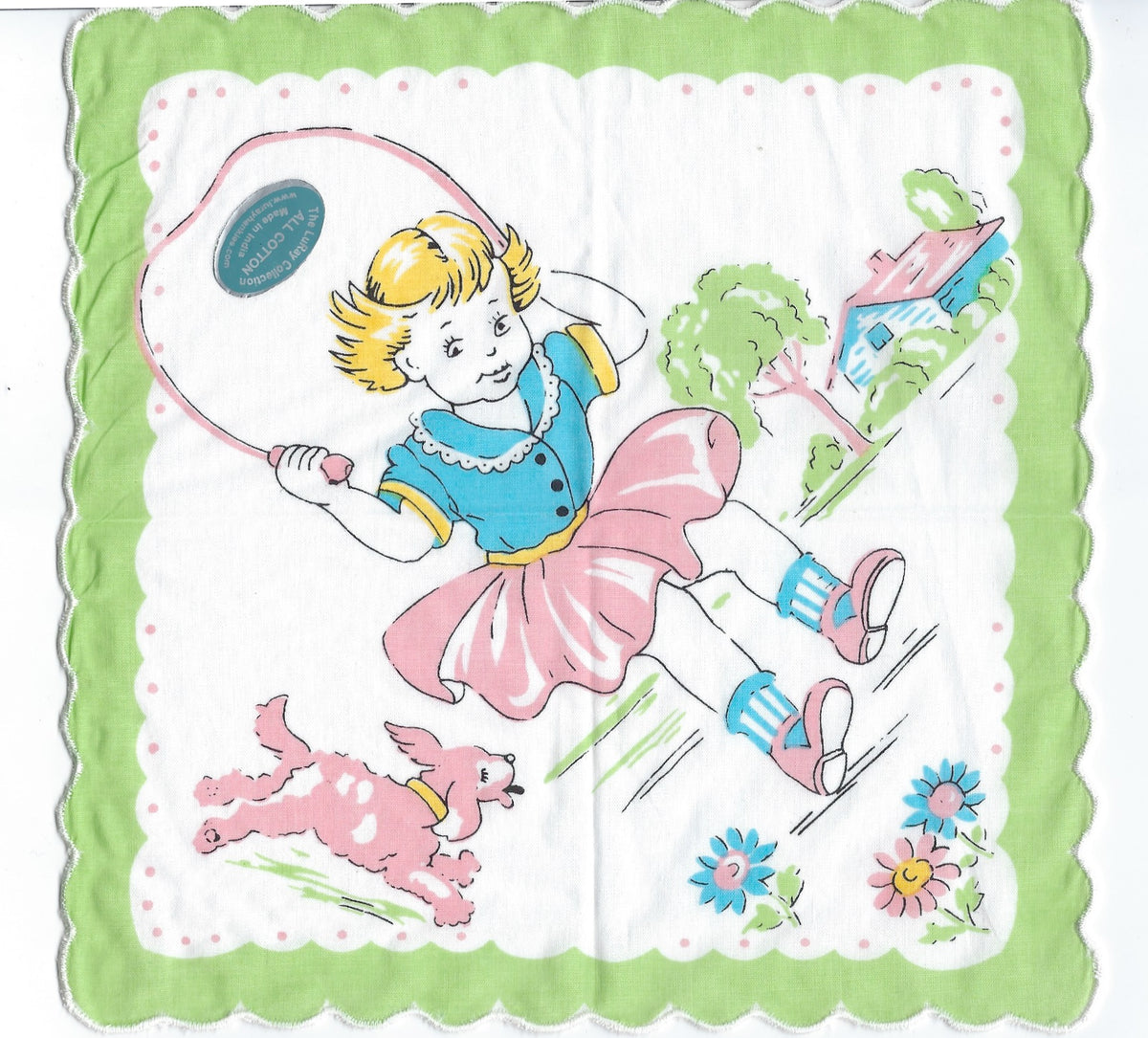 A Vintage-Inspired Hanky - Jump Rope Jane Hanky on 100% pure cotton fabric depicting a young girl with blonde hair wearing a pink dress, chasing a pink rabbit with a butterfly net, surrounded by flowers, on a scalloped.