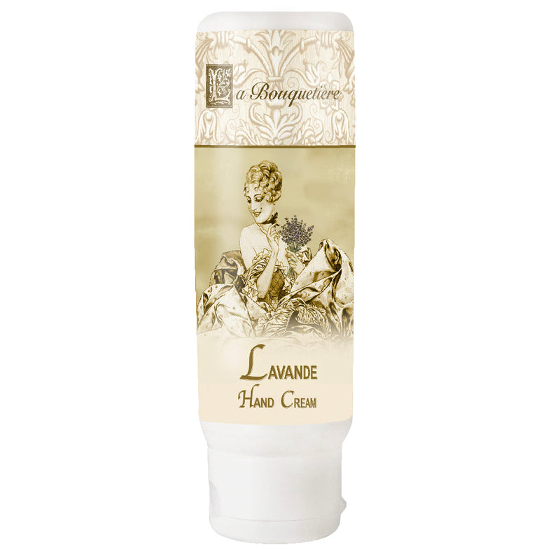 A tube of La Bouquetiere Lavender Hand Cream, featuring a vintage design with a sepia-tone image of a woman holding flowers on its label.