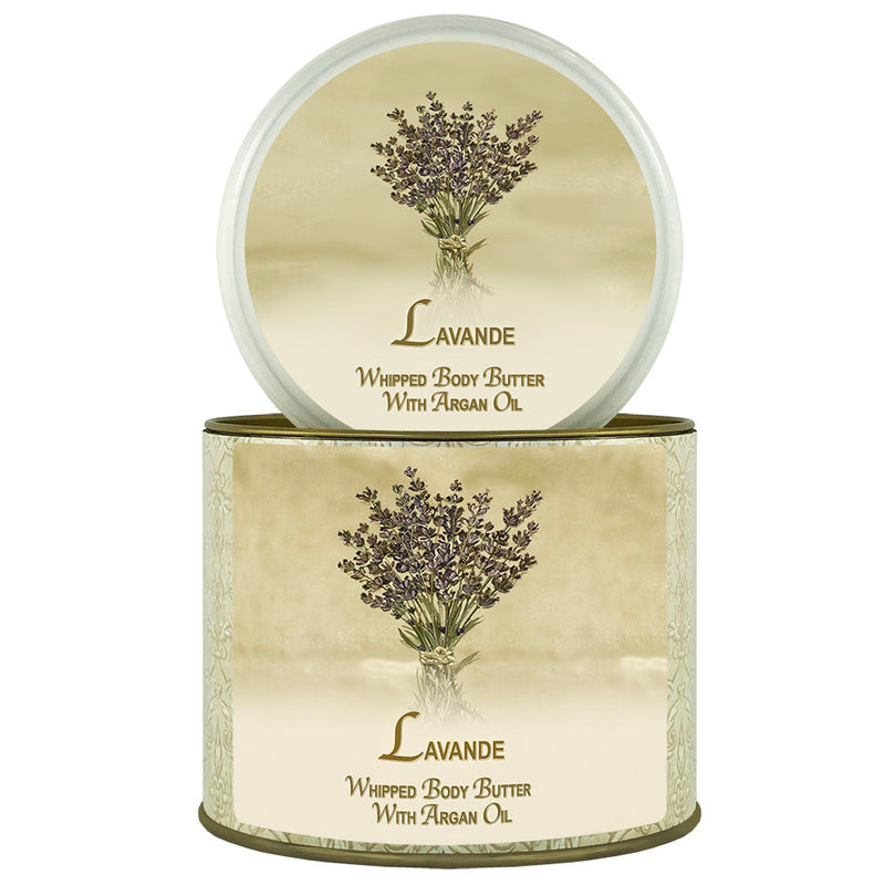 A jar of La Bouquetiere Lavender Argan Oil Whipped Body Butter, labeled "lavande." The design features stylized lavender plants on a muted beige background, with the lid open above the container.