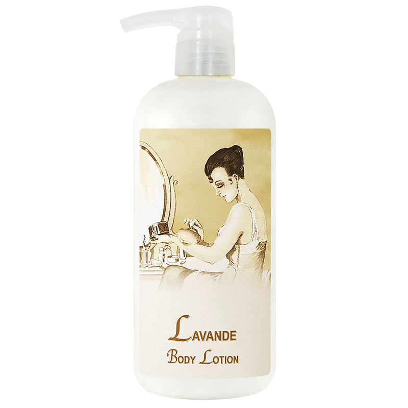 A bottle of La Bouquetiere Lavender Body Lotion with a vintage-style illustration of a woman sitting at a vanity table, applying lotion. The bottle has a pump dispenser.